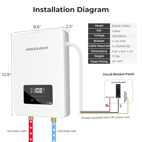 Mizudo Electric Tankless Water Heater, Mizudo 3.5Kw, Small Instant Hot Water Heater, One Point Of Use For Under Sink thumb #2