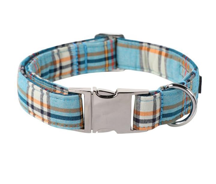 Lionet Paws Boy Dog Collar, Comfortable Adjustable Cute Blue Plaid Collar with Metal Buckle for Male Dogs, Medium, Neck 13.5-22 inches