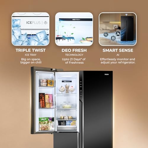 Image of Haier 598 L 3 Star Frost Free Expert Inverter Smart Sense AI enabled 3-Door Side by Side Refrigerator (HRT-683KGU1, Black Glass, Magic Convertible Zone, Deo Fresh Technology, 2026 Model)