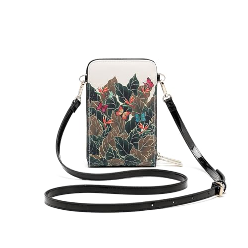 Frida Kahlo Artistic Phone Wallet Crossbody Bag, Floral Butterfly Design, Multi-Compartment with Card Slots, Beige and Black2