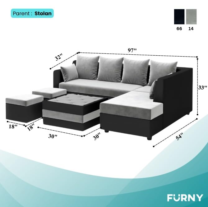 Image of CASASTYLE Stylify 8 Seater Fabric RHS L Shape Sofa Set with 1 Centre Table & 2 Ottoman (Light Grey-Black) 8 Person Seating with Premium Velvet Finish | Ideal for Living Room