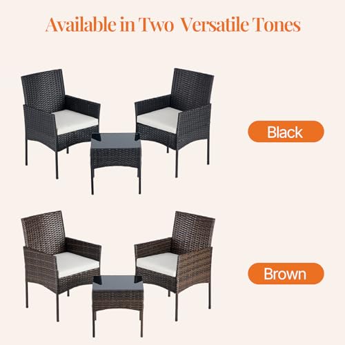 Sweetcrispy 3 Piece Patio Furniture Set, All-Weather Outdoor Conversation with Removable Cushions & Tempered Glass Table, Small Wicker Bistro Set for Balcony, Porch, Backyard, Deck, Brown - Image 4