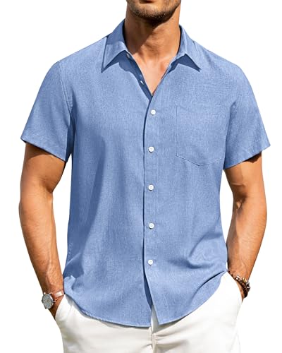Image of Alimens & Gentle Mens Linen Shirts Short Sleeve Button Down Shirts Wrinkle Free Casual Vacation Beach Summer Tops
