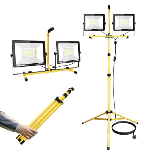 RIGIDON 200W Tripod Stand LED Work Light, Twin 100W Floodlight, Flexible Portable Job Site Light, 20000LM 175V to 265V Outdoor Indoor worklight for Workshop, Garage, Construction, Basement, IP65 6000K