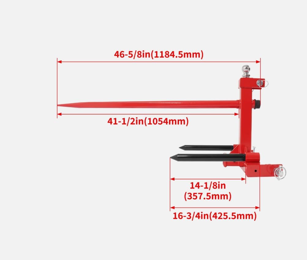 3 Point Gooseneck Ball Trailer Hitch for Cat 1 Tractor W/Hay Bale Spear 3000 LBS
