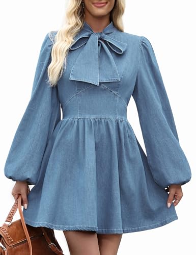 POLIRO Denim Dress for Women, Puff Long Sleeve Jean Dresses Bow Tie Babydoll Denim Mini Dress