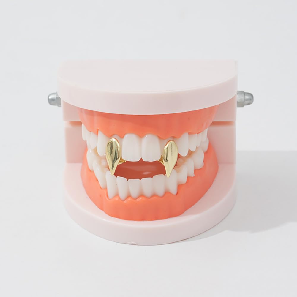 2PCS 14K Gold Plated Hip Hop Teeth Grillz Single Tooth Grillz Caps Vampire Fangs Top and Bottom Teeth Grills for Your Teeth Men Women Rapper Costume