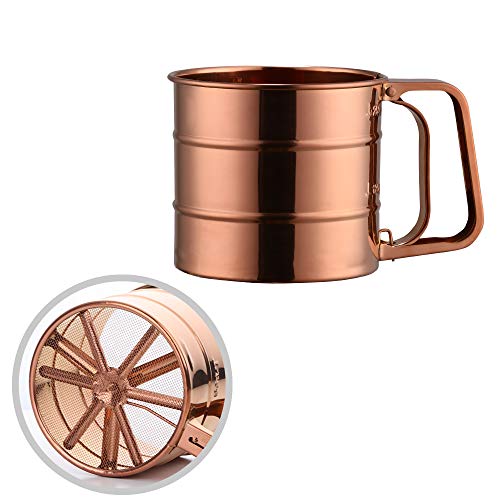 Qiboorun Stainless Steel Sieve Cup Powder Flour Baking Tool Icing Sugar Mesh Sieve Colander Crank Sifter With Measuring Scale Baking Flour Sifter, 1-Cup Capacity -Rose Gold #TOP6