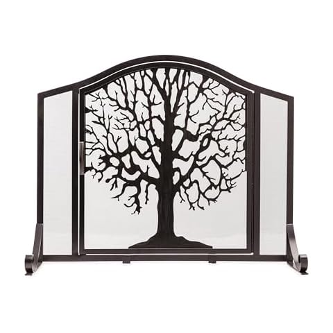 Plow & Hearth Metal Fireplace Screen Tree of Life Black Cover