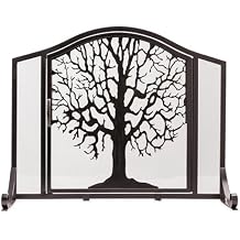 Plow & Hearth Metal Fireplace Screen Tree of Life Black | 44" W x 33" H | Magnetic Hinged Door | Spark Guard Cover | Stand Alone Wrought Iron Panel Fire Place Cover