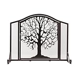 Plow & Hearth Metal Fireplace Screen Tree of Life Black | 38" W x 31" H | Magnetic Hinged Door | Spark Guard Cover | Stand Alone Wrought Iron Panel Fire Place Cover