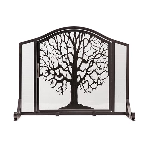 Plow & Hearth Metal Fireplace Screen Tree of Life Black | 38" W x 31" H | Magnetic Hinged Door | Spark Guard Cover | Stand Alone Wrought Iron Panel Fire Place Cover by Plow & Hearth - Used condition - US$199.49