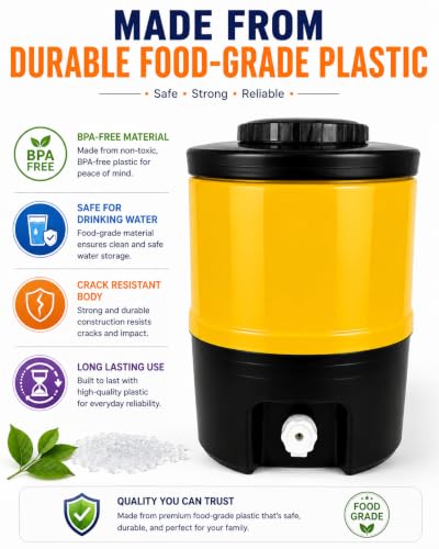Image of Plastic Water Jug | Food Grade | Insulated Water jug Cool Chilled Water Camper jar (Yellow & Black, 15 litres)