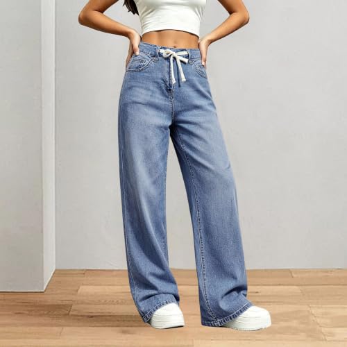 Wide Leg Jeans for Women Stretch High Waisted Drawstring Jeans with Pockets - image 3