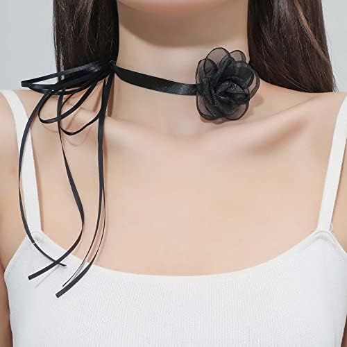 Zeshimb Boho Velvet Choker Necklace Long Ribbon Satin Flower Collar Necklace Sexy Black Camellia Bow Velvet Lace Collar Choker Costume Jewelry Accessories for Women and Girls