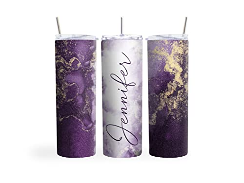 20oz Skinny Tumbler Personalized Marble Design - Stainless Steel Double Wall Insulated Cup With Lid And Straw (Purple)