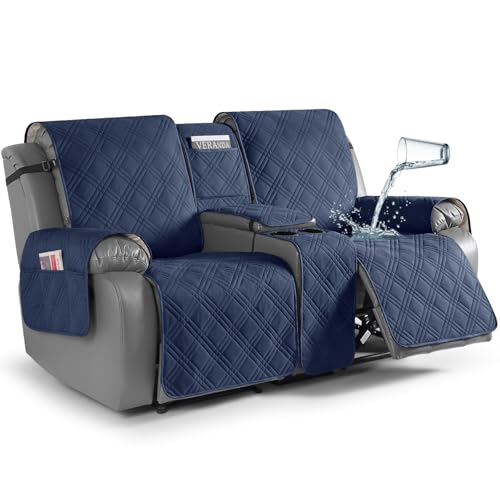 TAOCOCO Waterproof Loveseat Recliner Cover with Console, Non-Slip Reclining Loveseat with Console Cover with Pocket, Split Recliner Sofa Covers Furniture Protector for Pets Dogs(2 Seater, Navy Blue)