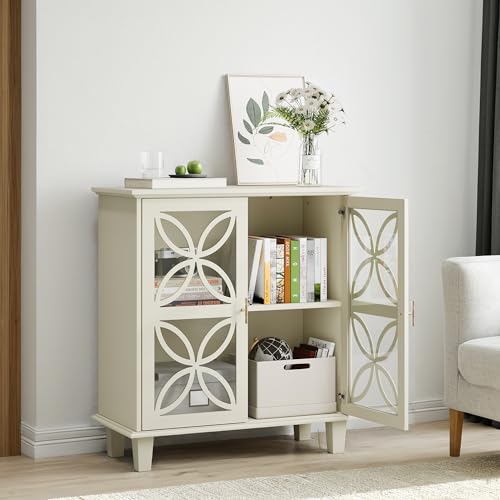 HaoChrymec Sideboard con Puertas De Cristal Templado, Aparador Retro con Estantes Ajustables, Mueble Auxiliar para Cocina Y Baño, Consola Decorativa De Dos Puertas, Color Crema, 80x38x87 cm