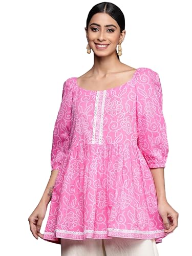 Image of Gerua Printed Cotton Blend A Line Kurti Suit Pink