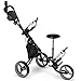 Tangkula Golf Push Pull Cart with Seat, Lightweight Foldable Collapsible 3 Wheels Push Cart, Golf Trolley with Foot Brake, Adjustable Umbrella Holder & Seat, 4 Height Position Handle