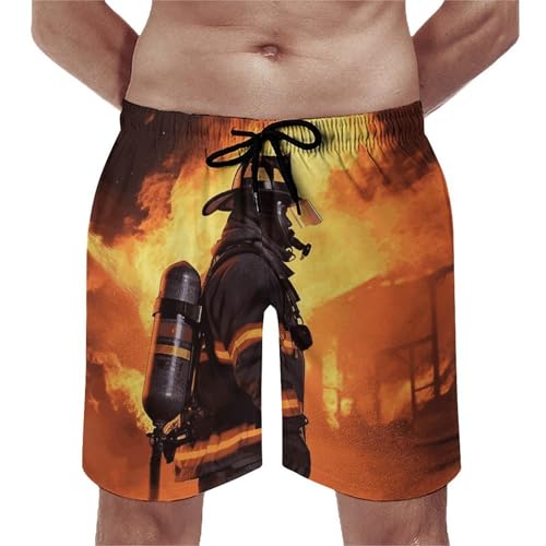 Firefighter Fireman Flame Mens Swim Trunks Quick Dry Hawaii Bathing Suit Board Shorts with Mesh Lining-
