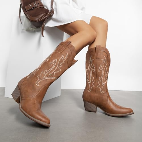Image of DREAM PAIRS Women's Cowboy Cowgirl Western Boots | Embroidered Pointed Toe Low Heel Western Mid Calf Boots for Theme Party Country Concert