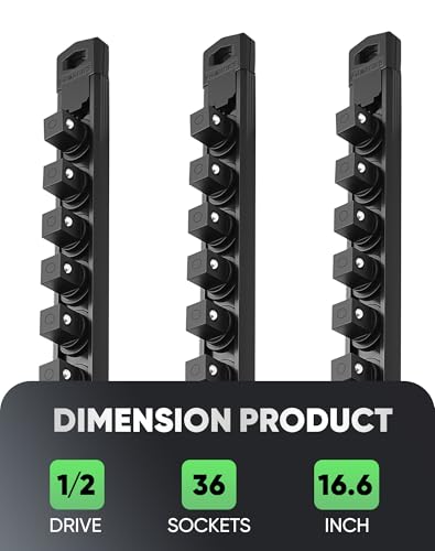 Image of ALOANES Magnetic Socket Organizer Set, 3-Piece Heavy Duty Aluminum Socket Rails, 360 Swivel Clips Socket Rail Kit for Tool Tray Drawer Fit 1 /2-Inch x 36 Clips (Black, 3PC)