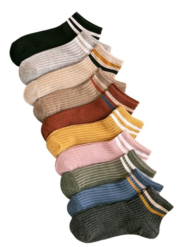 OYOANGLE Women's 10 Pairs Vintage Striped Ankle Socks Athletic Sport Casual Crew Socks
