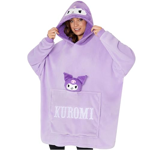 Hello Kitty Sanrio Kuromi Kapuzenpullover Damen Teenager Oversized Hoodie Decke mit Ärmeln und Plüschbeilage Anime Geschenk (Lila Kuromi)