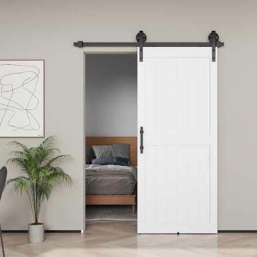 Miniatura 9 de Homcom Puerta Corredera De Granero Con Herrajes 91,5x213,4 Cm Puerta Corredera De Interior Con Manija Rodillo Y Guía De Suelo Mejorados Para Baño Salón Sala De Estar Blanco