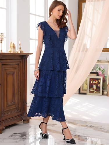 Women's Lace Dress for Wedding Guest Cocktail Evening Ruffle Cap Sleeves Tiered A-Line Maxi Dresses2