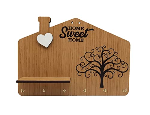 Fitwish Portachiavi da parete in legno MDF, con testo Home Sweet Home, stampa albero della vita e cuore a rilievo bianco con mensola, appendi chiavi da parete 6 ganci, color legno.Idea regalo