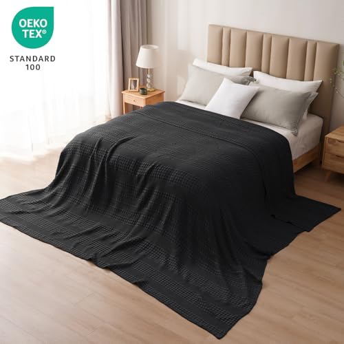 Image of PHF 100% Cotton Waffle Weave Blanket Oversized King for Bed 120 inchx120 inch- Giant Big Lightweight Blanket 10'x10' for Bed Sofa - Aesthetic Extra Large Washed Cotton Soft Blanket - Black