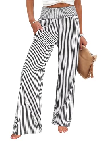 ANRABESS Womens Striped Gingham Palazzo Pants Black White Stripe M