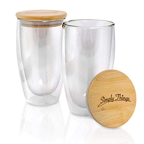 Exclusive Discount 80% Offer Simply Things Double Wall Insulated Borosilicate Glass Mugs with Bamboo lid, Set of 2… (16 ounce)