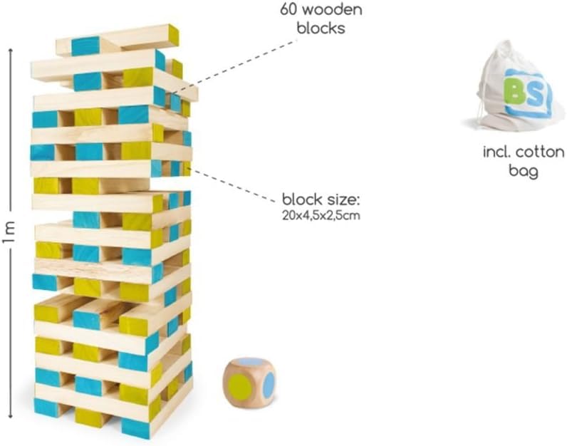 BuitenSpeel Toys GA277 Large Tower Wooden Block Stacking Game, Natural/Blue/Green