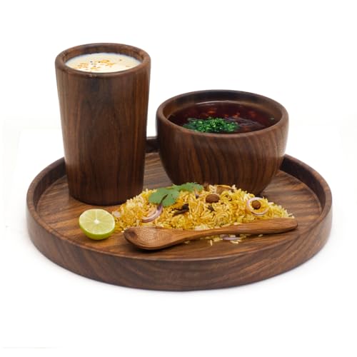 Image of Wooden thali, Sheesham Wood Serving Plate, 25.4 cm Round, Natural Brown, Chemical-Free (Wooden thali 2)
