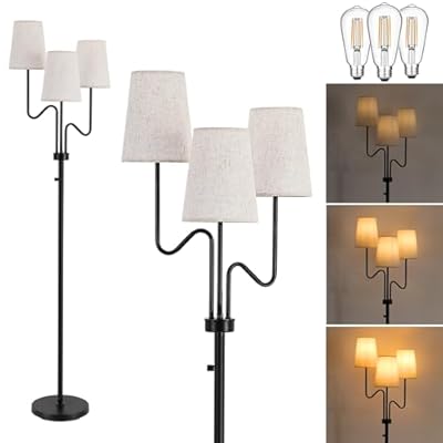 9MMML Farmhouse Dimmable Floor Lamp, Rustic 3-Light Floor Lamp with Fabric Shade, 68'' Tall Floor Standing Lamp for Living Room, Bedroom, Office, Corner, 3 x E26 LED Bulb Included