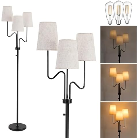 9MMML Farmhouse Dimmable Floor Lamp, Rustic 3-Light Floor Lamp with Fabric Shade, 68'' Tall Floor Standing Lamp for Living Room, Bedroom, Office, Corner, 3 x E26 LED Bulb Included Cover