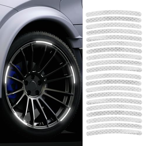 Image of 20PCS Reflective Car Wheel Decorative Stripe Stickers, White, Striped, Waterproof Material, English Style, Automotive Decals, 20-Piece Set