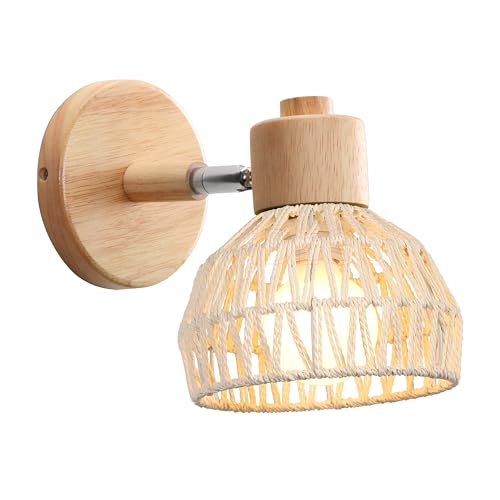 iDEGU Applique Murale Intérieure 15CM Lampe Murale Réglable en Bois et Rotin Rétro E27 Luminaire Applique Vintage pour Chambre Salon Couloir Restaurant...