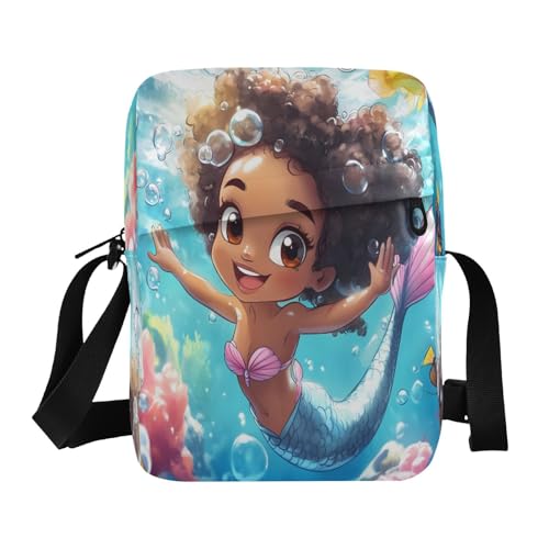 Crossbody Bag African American Black Girl Mermaid Princess Messenger Bag for Women Men Purse Shoulder Bag Satchel Bag with Adjustable Strap 214B8819