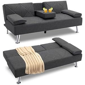 VECELO Modern Convertible Folding Futon Sofa Bed with Removable Armrests Breathable Linen Recliner Couch for Living Room/Apartment Lounge, 2 Cup Holders, Grey