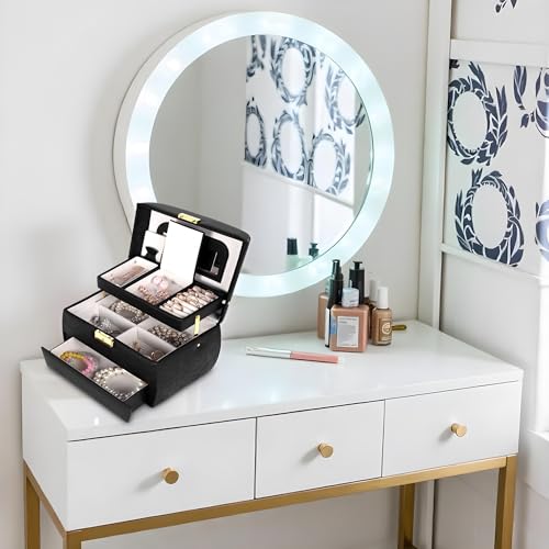 Image of KRISHYAM Luxury Lockable 3 Layer Leather Jewelry Box Organizerwith Mirror, Drawer & Key - Black Faux Leather Travel Case for Women & Girls