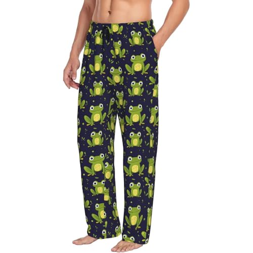 Mens Pajama Pants - Cute Frog Green Print Soft Sleep Lounge Pants For Men, Casual Pj Bottoms With Pockets