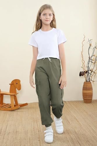 Image of SANGTREE Kids Girls 2 Piece Outfit, Crop Top T-Shirts and Cargo Pants Tracksuits Set, White Army Green, 13-14 Years = Tag 170
