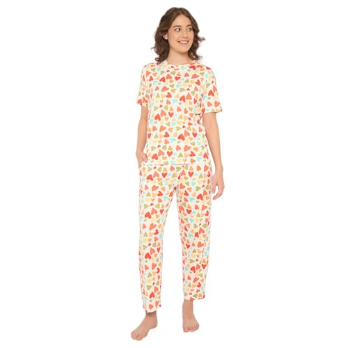 Image of CAMEY Women's Printed Pyjama Set, Short Sleeve T-Shirt and Trousers, Women Nightsuit, Loungewear Sets
