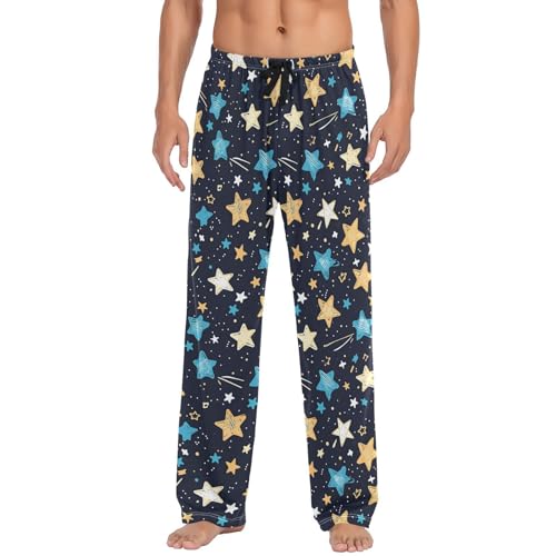 Vdsrup Men's Pajama Pants Blue Yellow Stars Pajama Pants for Men PJs Bottoms Drawstring Pockets Sleep Lounge Pants S