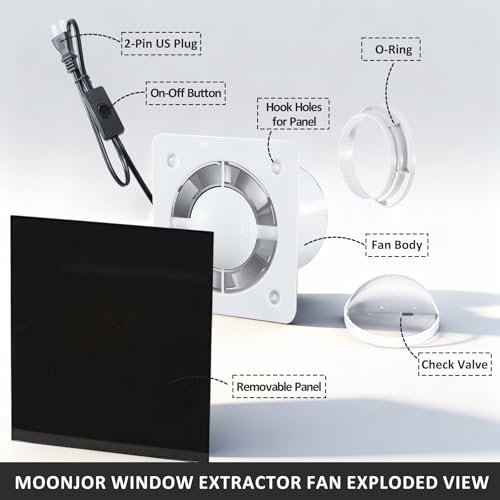 Ventilador extractor de 4 pulgadas, panel de vidrio negro delgado | Montaje en ventana o pared, ventilación y extracción de aire, interruptor de botón, para cocina, baño, taller y garaje miniatura 5