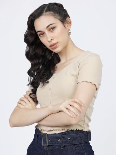 Image of Tokyo Talkies Women's Regular Fit Tshirts | Solid | Short Sleeves |V Neck | Western Tshirts